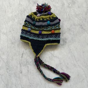 Ganesh Himal Handknit Wool Hat w/ Earflap & Babbles, Multi-Colored, Fleece Lined